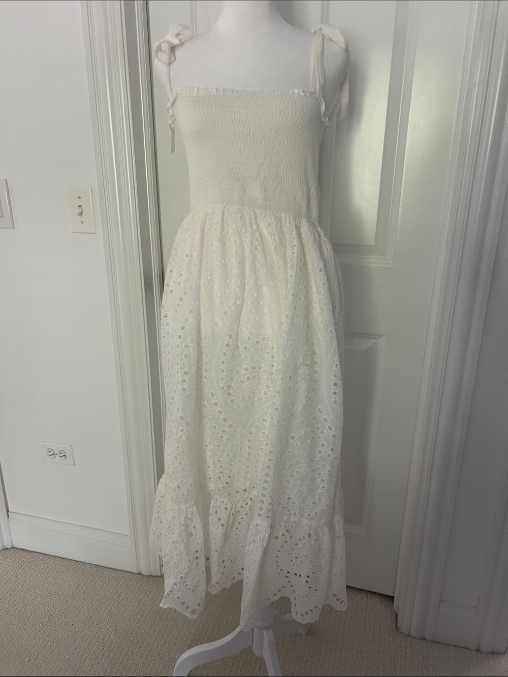 Mystree White Eyelet Midi Dress with Tie Straps-Medium
